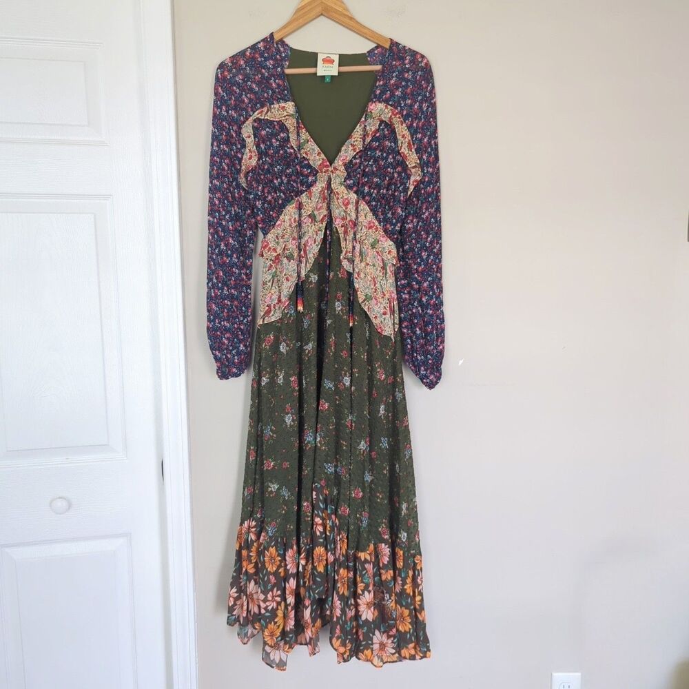 Farm Rio Mixed Liberty Patchwork Floral Print Midi Long Sleeve Dress Small Boho